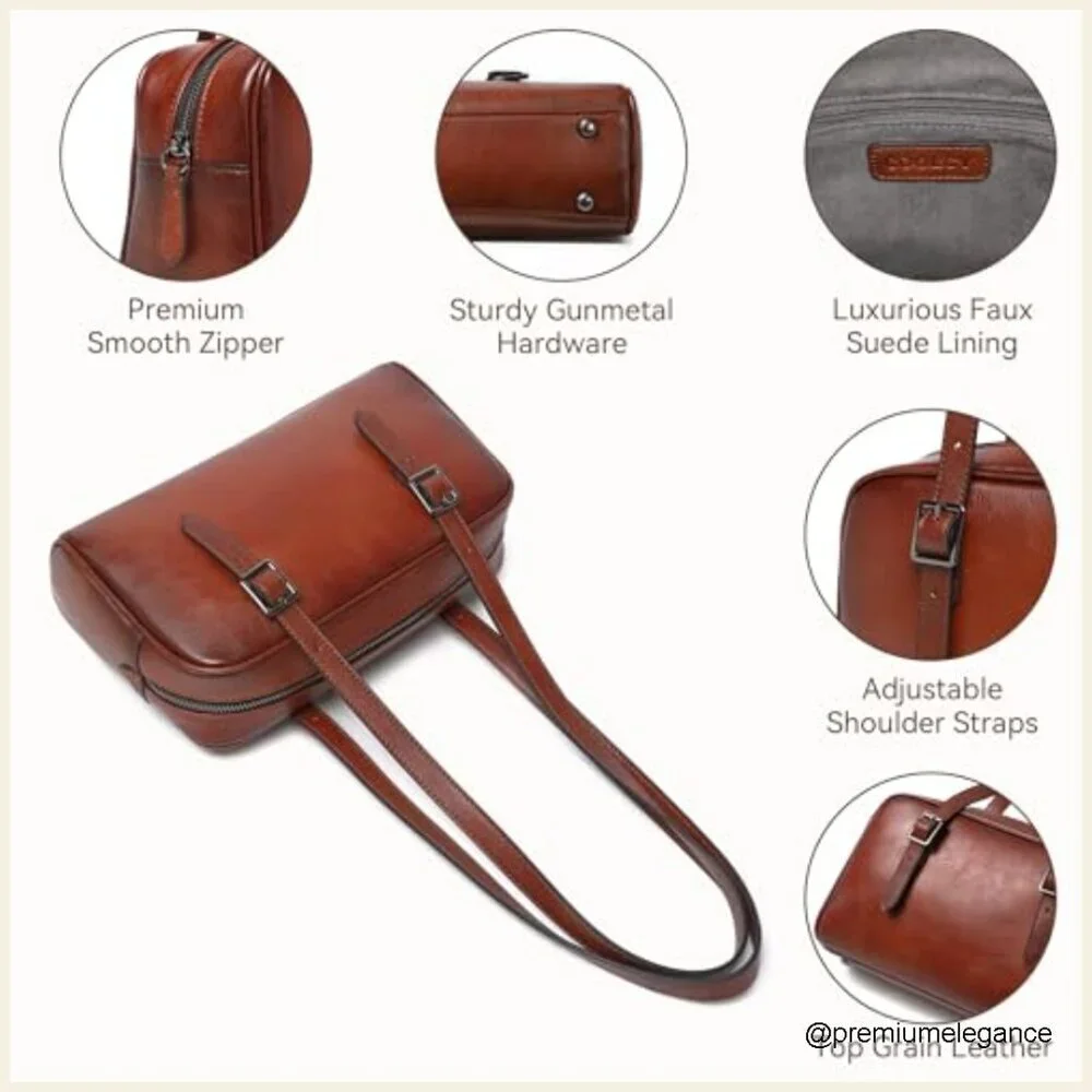 Genuine Leather Hobo Shoulder Bag with Adjustable Straps, Zipper Closure